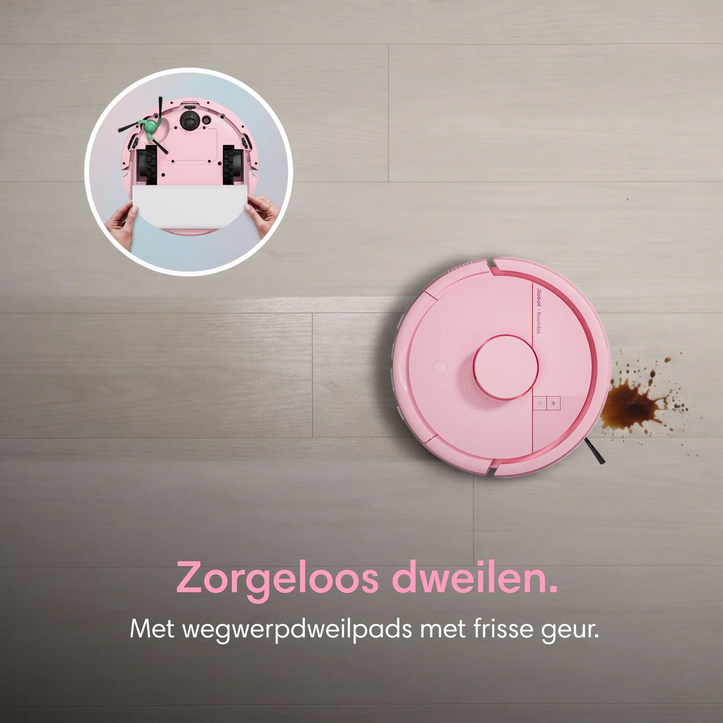 Roze Roomba&reg; Mini met dweilpad, zorgeloos dweilen