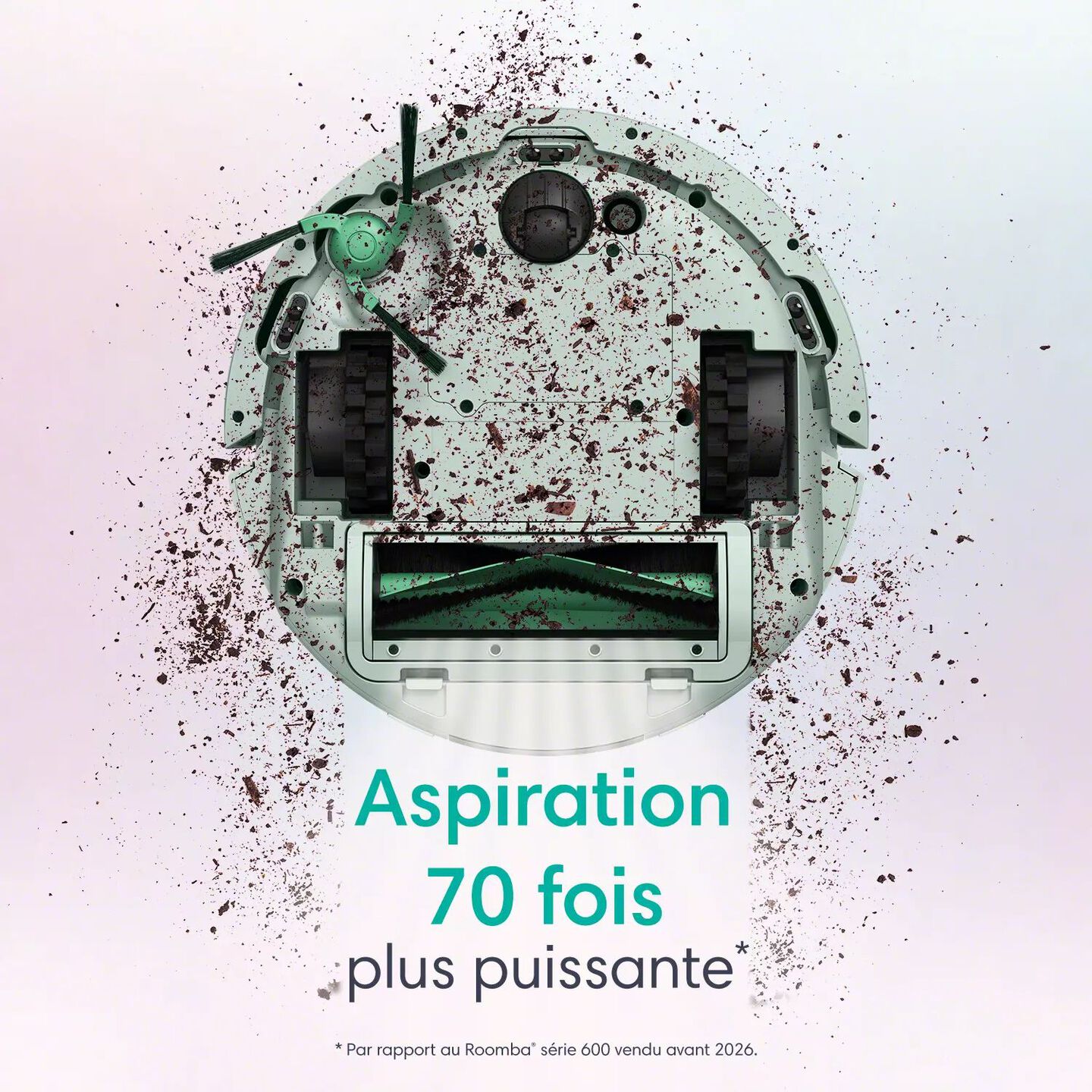 partie inf&eacute;rieure du roomba mini vert menthe, aspiration 70&nbsp;fois plus puissante
