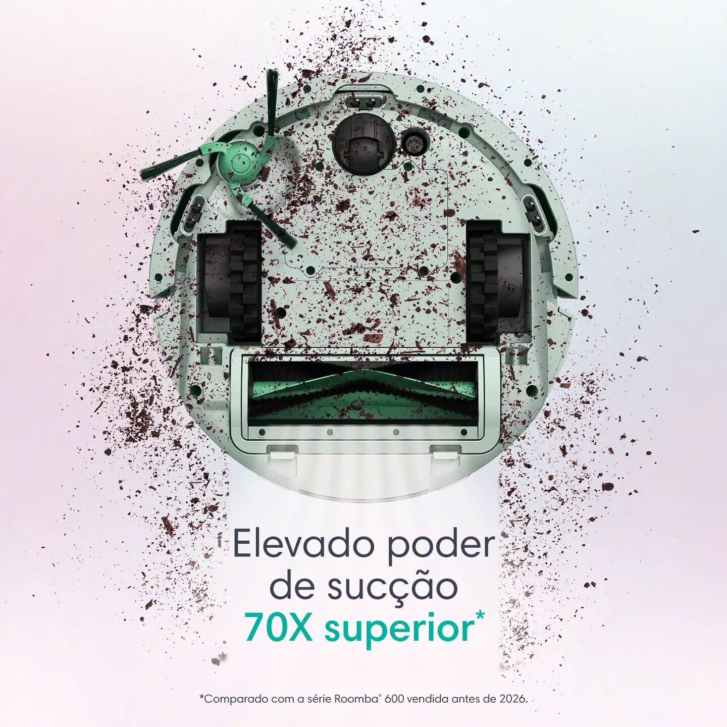 parte inferior do roomba mini em menta, elevado poder de suc&ccedil;&atilde;o 70x superior